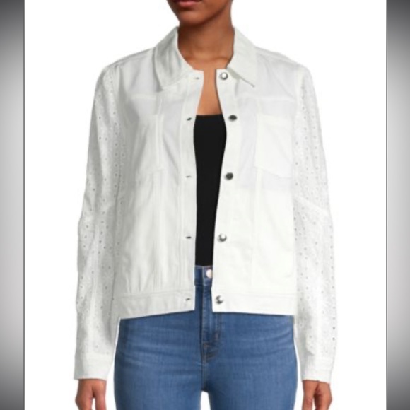 Design History Button up Jacket. White. Cotton. Medium. Eyelet Floral Sleeves - Picture 9 of 10